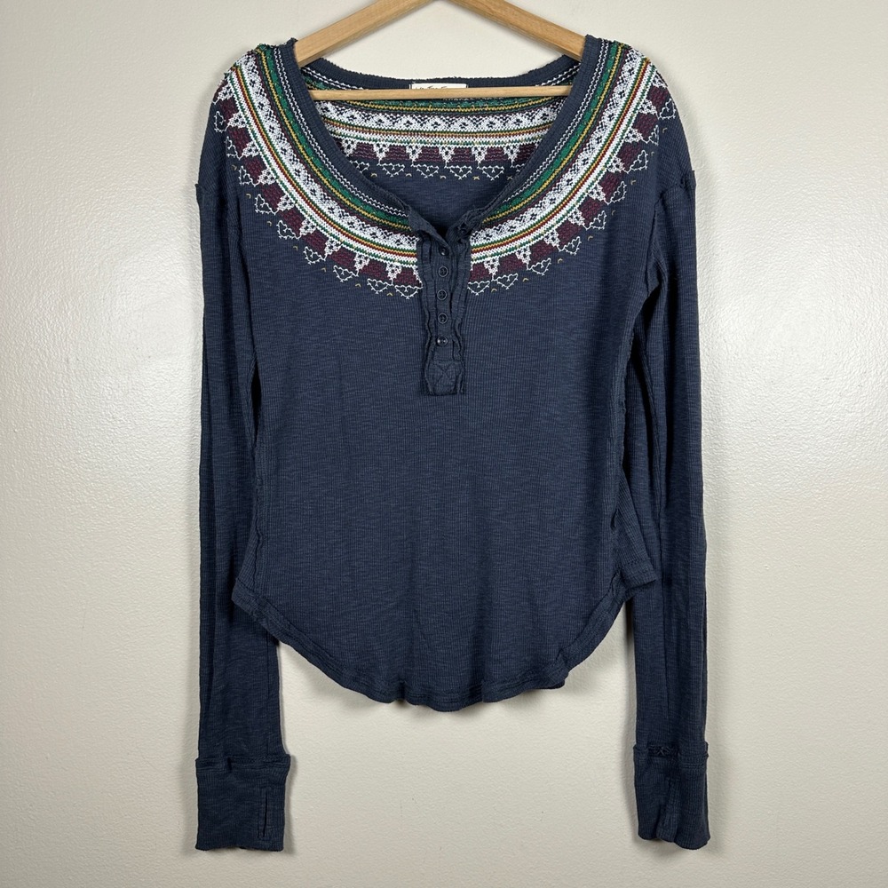 Free People Women's Medium Henley Top Charcoal Blue Fair Isle Thermall
